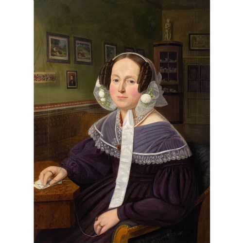 fig 1. Georg Wilhelm Feistkorn, Portrait Of A Woman In An Interior - Antique Oil Painting 