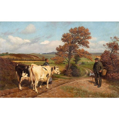 fig 3. Poul Steffensen, Landscape With Cattle & Figures - Large Antique Oil Painting