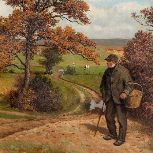 fig 2. Poul Steffensen, Landscape With Cattle & Figures - Large Antique Oil Painting