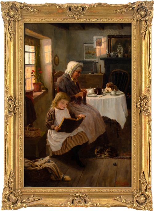 George a Elcock, Reading for Grandma - Antique Oil Painting