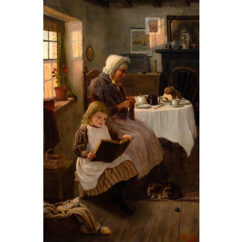 fig 1. George A Elcock, Reading For Grandma - Antique Oil Painting