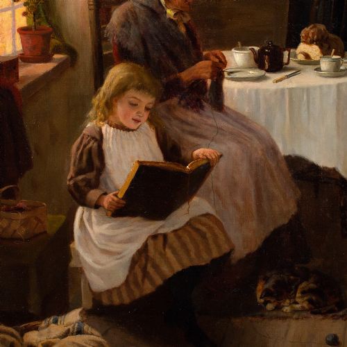 fig 2. George A Elcock, Reading For Grandma - Antique Oil Painting