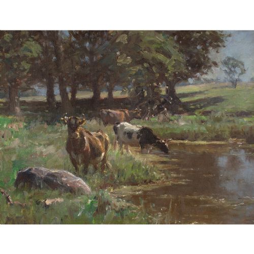 fig 1. Michael Therkildsen, Pastoral Landscape With Cattle & Pond - Antique Oil Painting