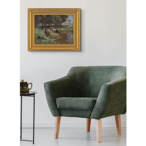 fig 3. Michael Therkildsen, Pastoral Landscape With Cattle & Pond - Antique Oil Painting