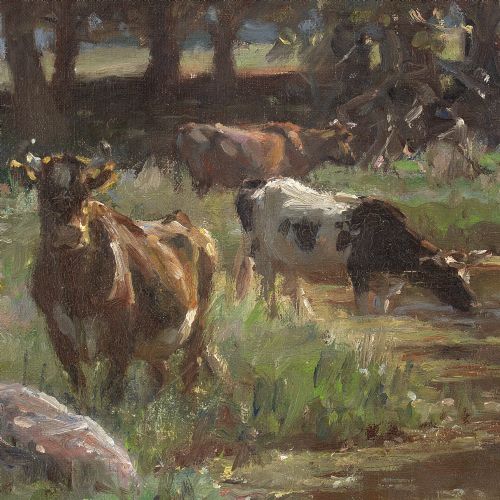 fig 4. Michael Therkildsen, Pastoral Landscape With Cattle & Pond - Antique Oil Painting