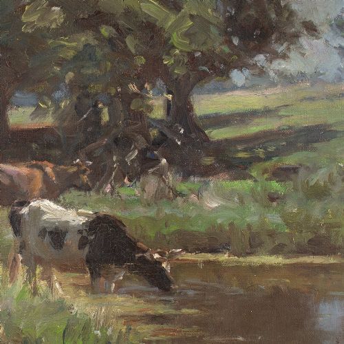 fig 5. Michael Therkildsen, Pastoral Landscape With Cattle & Pond - Antique Oil Painting