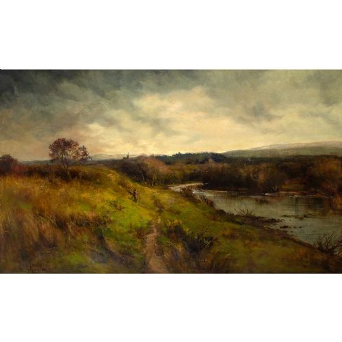 fig 1. Owen Bowen ROI, River Landscape With Figure - Antique Oil Painting