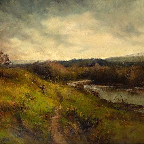 fig 2. Owen Bowen ROI, River Landscape With Figure - Antique Oil Painting