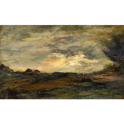 fig 1. Fritz Heider, Stormy Landscape With Turbulent Clouds - Antique Oil Painting