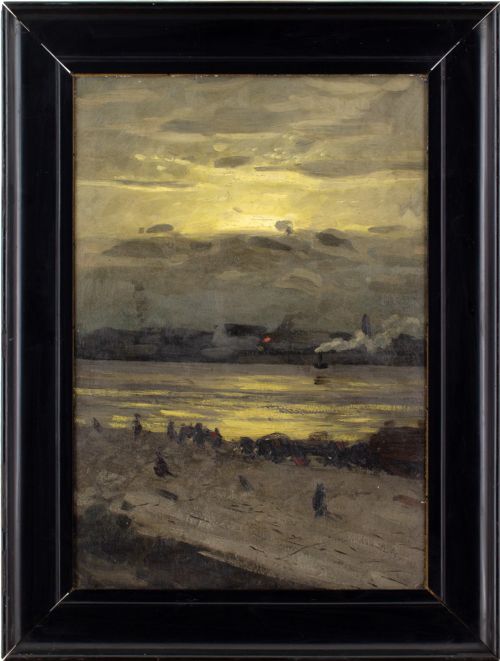Ole Juul, Evening Landscape with River - Antique Oil Painting