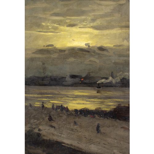 fig 1. Ole Juul, Evening Landscape With River - Antique Oil Painting
