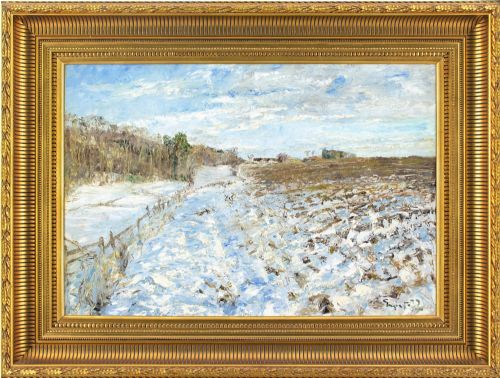 20th-century Danish School, Snow Landscape with Track - Antique Oil Painting