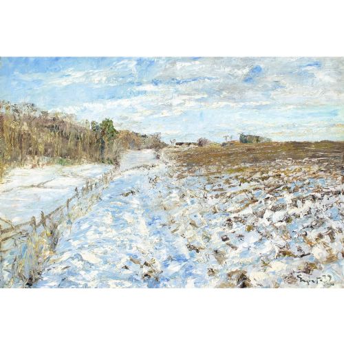 fig 1. 20th-Century Danish School, Snow Landscape With Track - Antique Oil Painting 