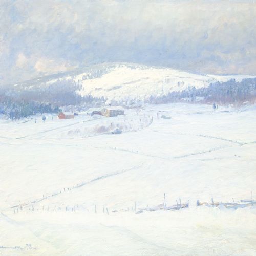 CARL JOHANSSON SNOWY LANDSCAPE WITH BUILDINGS ANTIQUE OIL PAINTING - ADDITIONAL PHOTO 3