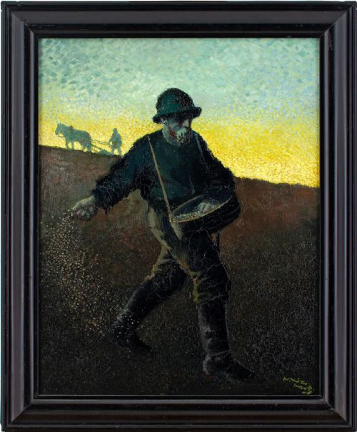 Nils Kjellberg, the Sower - Antique Oil Painting