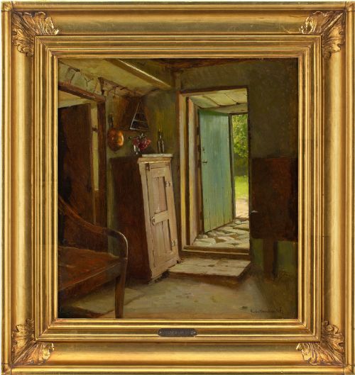 Gustav Vermehren, Cottage Interior with Open Door - Antique Oil Painting