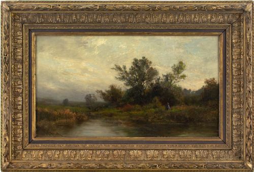 ludwig friedrich hofelich pond landscape with figure antique oil painting - CATEGORY: ANTIQUE ART - DATED 1900