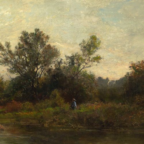 LUDWIG FRIEDRICH HOFELICH POND LANDSCAPE WITH FIGURE ANTIQUE OIL PAINTING - ADDITIONAL PHOTO 3