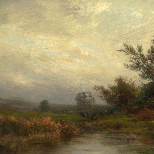 LUDWIG FRIEDRICH HOFELICH POND LANDSCAPE WITH FIGURE ANTIQUE OIL PAINTING - ADDITIONAL PHOTO 6
