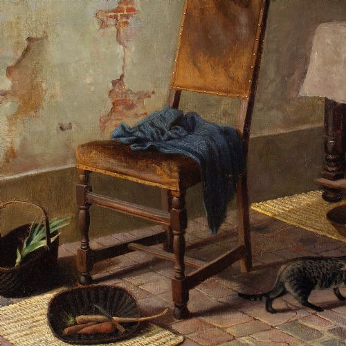 fig 2. 19th-Century German School, Kitchen Interior With Cat - Antique Oil Painting