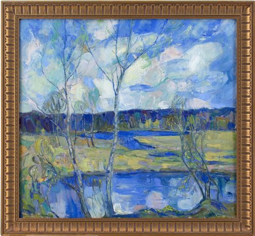 Hugo Carlberg, Landscape with Lake & Birch Trees - Antique Oil Painting
