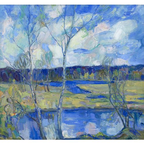fig 1. Hugo Carlberg, Landscape With Lake & Birch Trees - Antique Oil Painting 