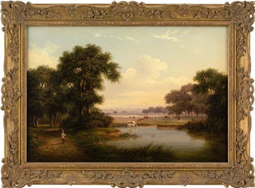 walter heath williams pastoral scene with pond antique oil painting - CATEGORY: ANTIQUE ART - DATED 1870