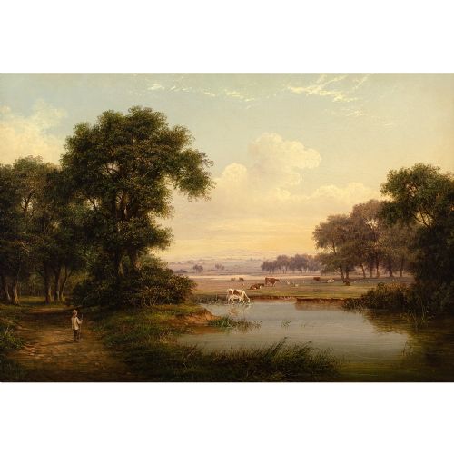 WALTER HEATH WILLIAMS PASTORAL SCENE WITH POND ANTIQUE OIL PAINTING - ADDITIONAL PHOTO 1