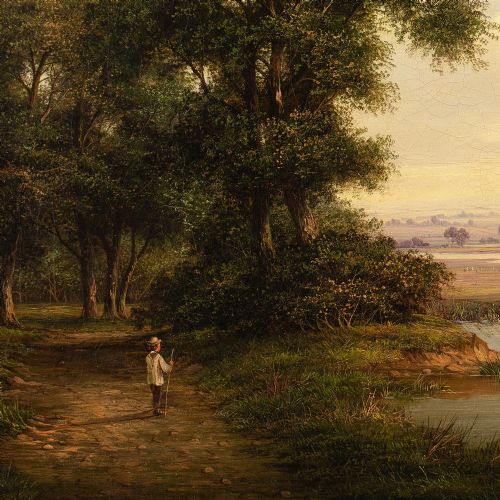 WALTER HEATH WILLIAMS PASTORAL SCENE WITH POND ANTIQUE OIL PAINTING - ADDITIONAL PHOTO 4