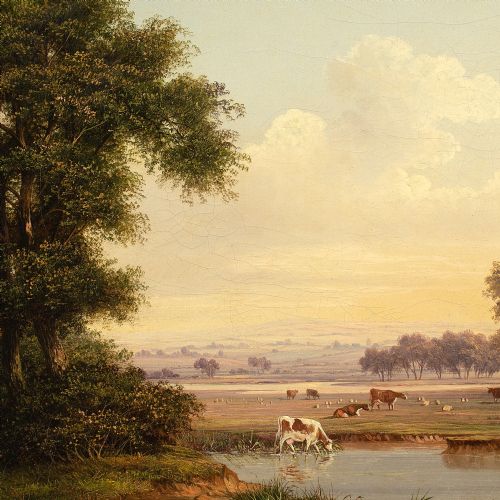 WALTER HEATH WILLIAMS PASTORAL SCENE WITH POND ANTIQUE OIL PAINTING - ADDITIONAL PHOTO 5