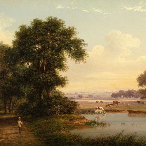 WALTER HEATH WILLIAMS PASTORAL SCENE WITH POND ANTIQUE OIL PAINTING - ADDITIONAL PHOTO 7