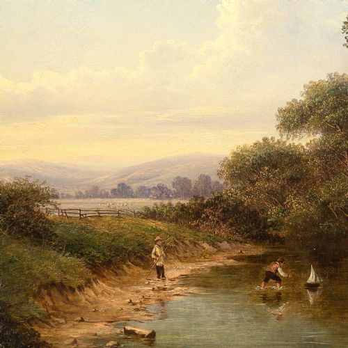 WALTER HEATH WILLIAMS IDYLLIC LANDSCAPE WITH FAMILY ANTIQUE OIL PAINTING - ADDITIONAL PHOTO 2