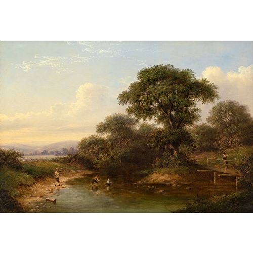 WALTER HEATH WILLIAMS IDYLLIC LANDSCAPE WITH FAMILY ANTIQUE OIL PAINTING - ADDITIONAL PHOTO 1