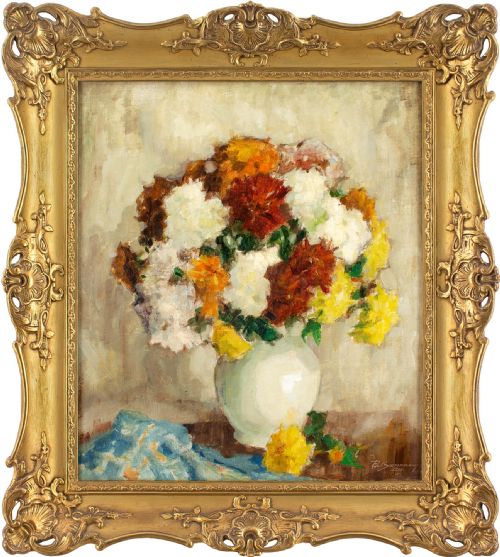 paul sannemann still life with chrysanthemums vintage oil painting - CATEGORY: ANTIQUE ART - DATED 1930