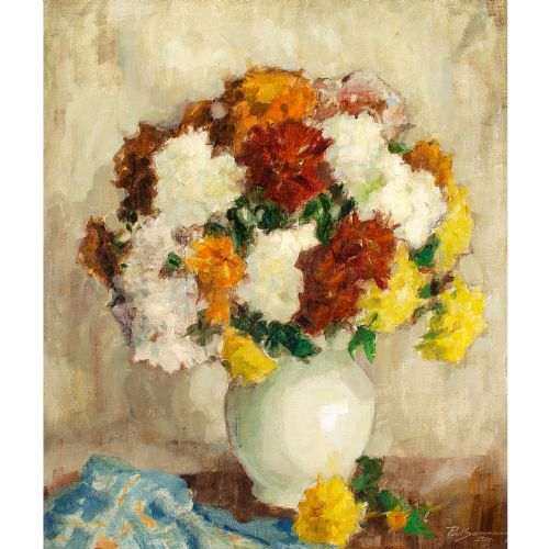 PAUL SANNEMANN STILL LIFE WITH CHRYSANTHEMUMS VINTAGE OIL PAINTING - ADDITIONAL PHOTO 1