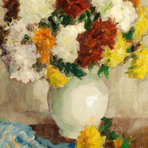 PAUL SANNEMANN STILL LIFE WITH CHRYSANTHEMUMS VINTAGE OIL PAINTING - ADDITIONAL PHOTO 5