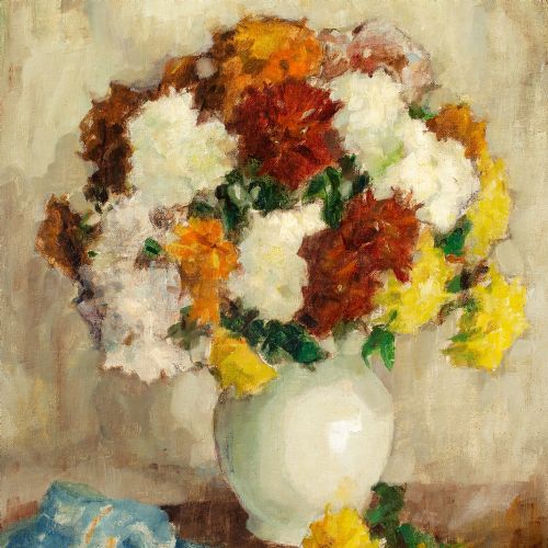 PAUL SANNEMANN STILL LIFE WITH CHRYSANTHEMUMS VINTAGE OIL PAINTING - ADDITIONAL PHOTO 6