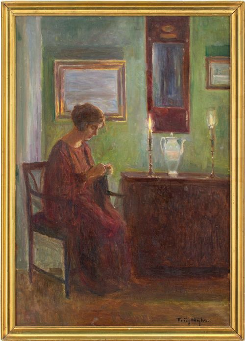 poul friis nybo interior scene with woman sewing oil painting - CATEGORY: ANTIQUE ART - DATED 1920