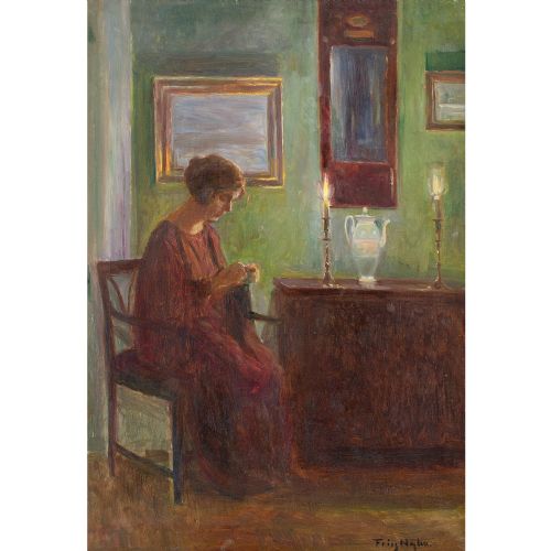 POUL FRIIS NYBO INTERIOR SCENE WITH WOMAN SEWING OIL PAINTING - ADDITIONAL PHOTO 1