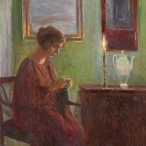 POUL FRIIS NYBO INTERIOR SCENE WITH WOMAN SEWING OIL PAINTING - ADDITIONAL PHOTO 3