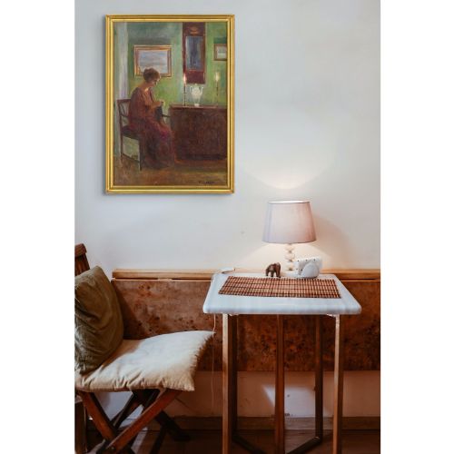 POUL FRIIS NYBO INTERIOR SCENE WITH WOMAN SEWING OIL PAINTING - ADDITIONAL PHOTO 4