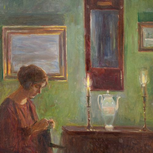 POUL FRIIS NYBO INTERIOR SCENE WITH WOMAN SEWING OIL PAINTING - ADDITIONAL PHOTO 5