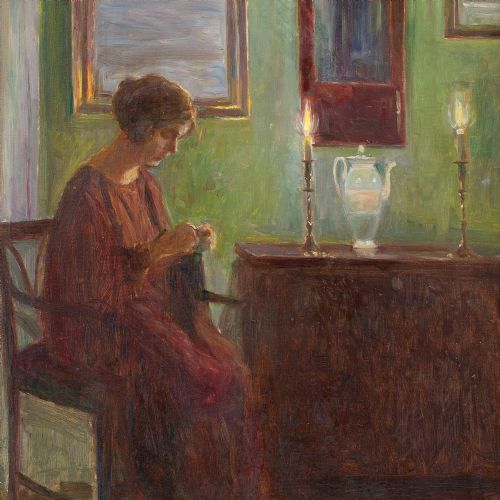 POUL FRIIS NYBO INTERIOR SCENE WITH WOMAN SEWING OIL PAINTING - ADDITIONAL PHOTO 6