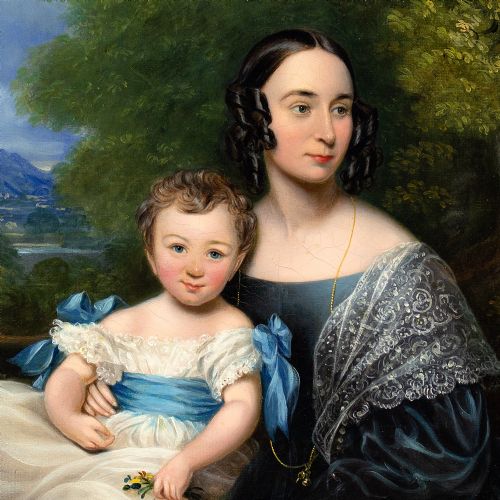 CHARLES DICKINSON LANGLEY PORTRAIT OF A MOTHER CHILD ANTIQUE OIL PAINTING - ADDITIONAL PHOTO 4