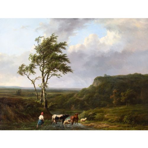 JEANBAPTISTE COENE RIVER LANDSCAPE WITH CATTLE FIGURE ANTIQUE OIL PAINTING - ADDITIONAL PHOTO 1