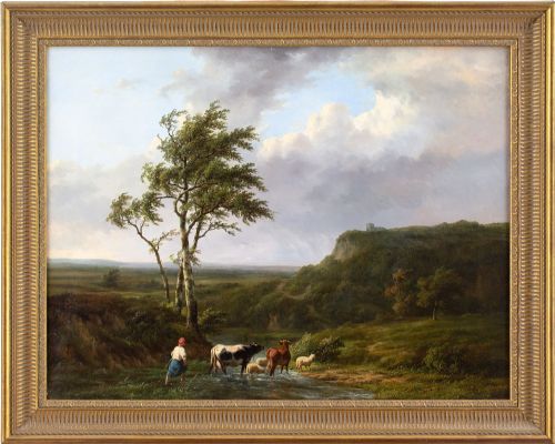 jeanbaptiste coene river landscape with cattle figure antique oil painting - CATEGORY: ANTIQUE ART - DATED 19TH CENTURY