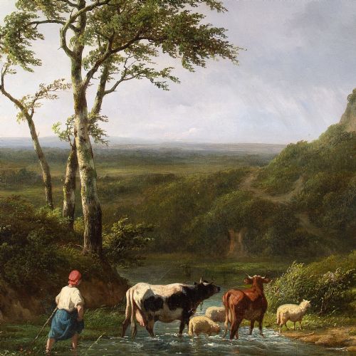 JEANBAPTISTE COENE RIVER LANDSCAPE WITH CATTLE FIGURE ANTIQUE OIL PAINTING - ADDITIONAL PHOTO 4