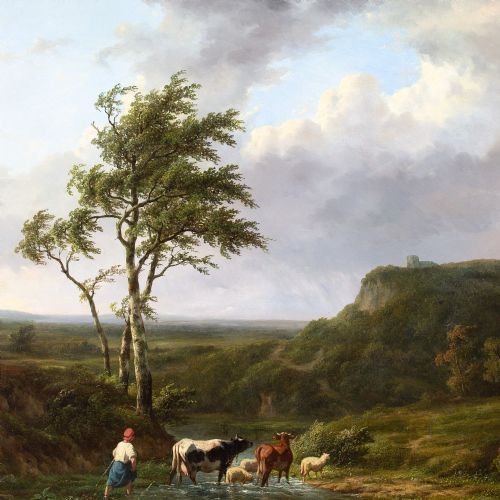 JEANBAPTISTE COENE RIVER LANDSCAPE WITH CATTLE FIGURE ANTIQUE OIL PAINTING - ADDITIONAL PHOTO 7