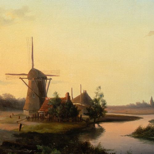 19THCENTURY DUTCH SCHOOL RIVER LANDSCAPE WITH INN WINDMILL ANTIQUE OIL PAINTING - ADDITIONAL PHOTO 4