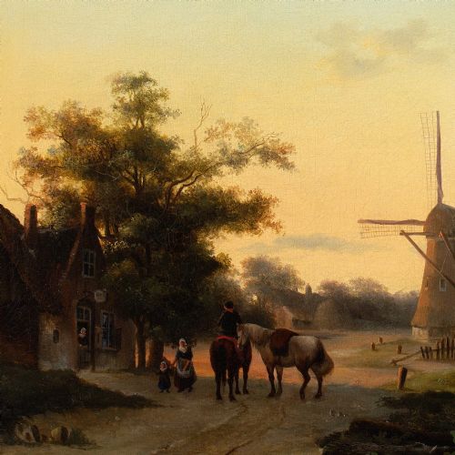 19THCENTURY DUTCH SCHOOL RIVER LANDSCAPE WITH INN WINDMILL ANTIQUE OIL PAINTING - ADDITIONAL PHOTO 5